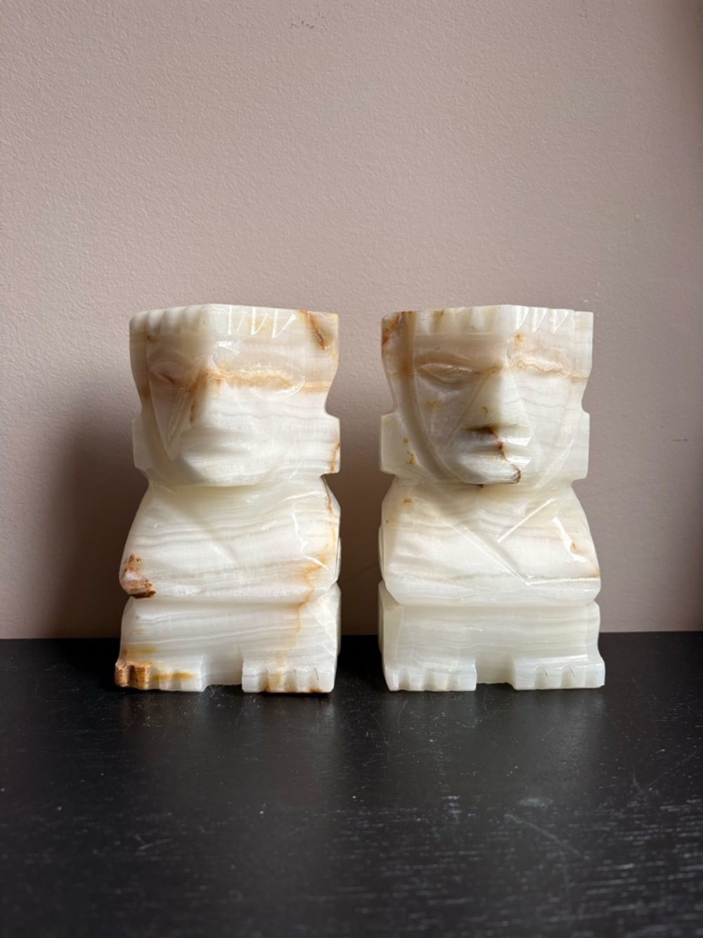 Set of 2 Onyx Carved Tiki Bookends